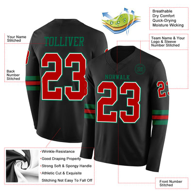 Custom Black Red White-Kelly Green Long Sleeve Authentic Football Jersey