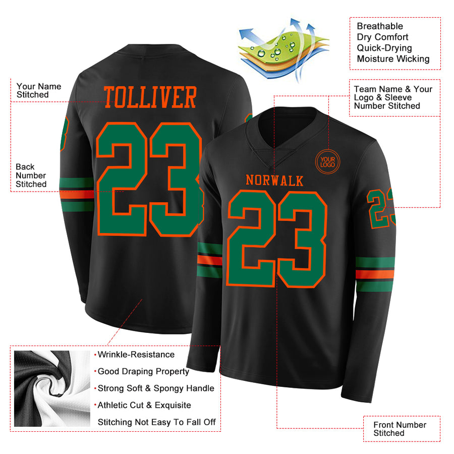 Custom Black Kelly Green-Orange Long Sleeve Authentic Football Jersey