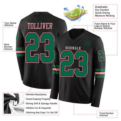 Custom Black Kelly Green-Medium Pink Long Sleeve Authentic Football Jersey