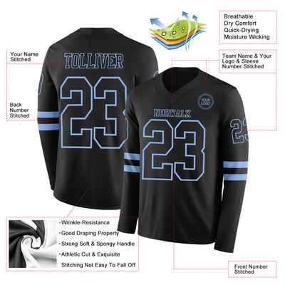 Custom Black Light Blue Long Sleeve Authentic Football Jersey