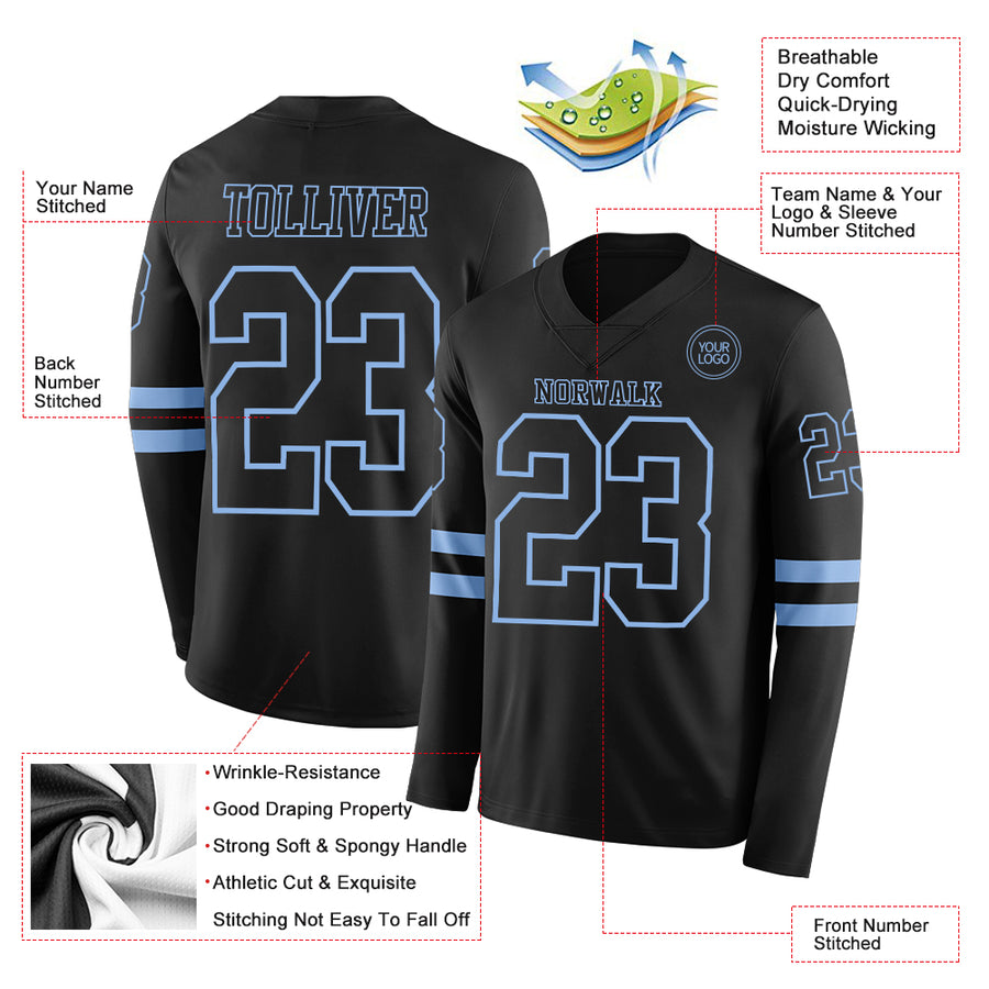 Custom Black Light Blue Long Sleeve Authentic Football Jersey