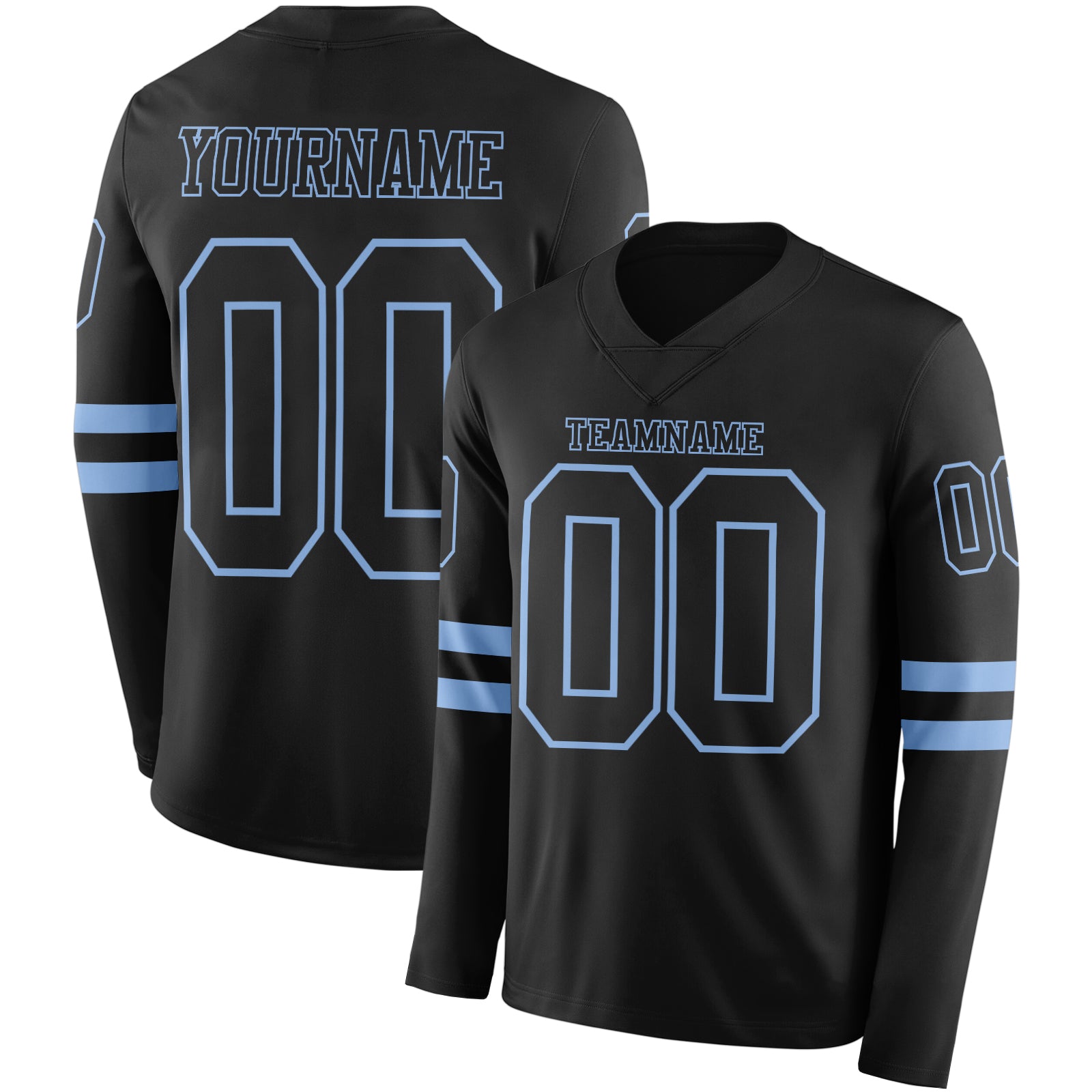 Custom Black Light Blue Long Sleeve Authentic Football Jersey