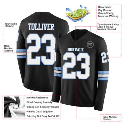 Custom Black White-Light Blue Long Sleeve Authentic Football Jersey