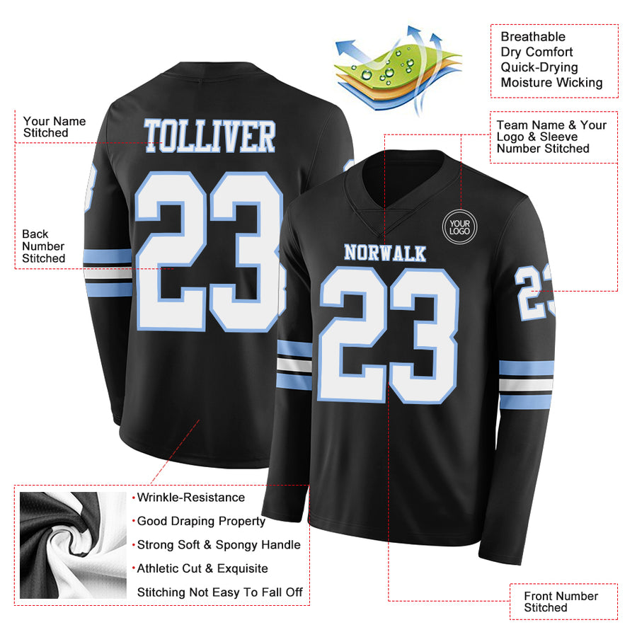 Custom Black White-Light Blue Long Sleeve Authentic Football Jersey