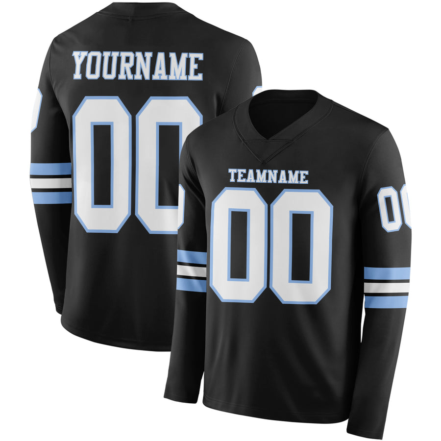 Custom Black White-Light Blue Long Sleeve Authentic Football Jersey