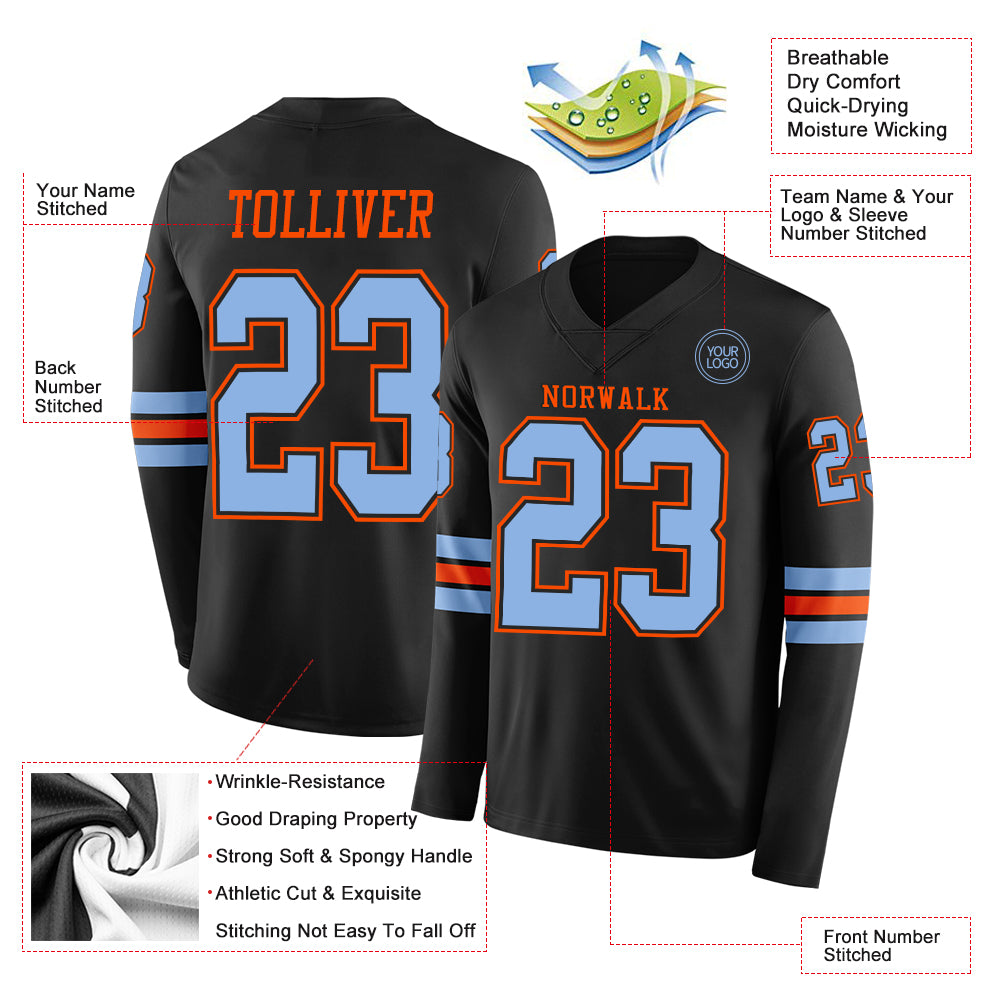 Custom Black Light Blue-Orange Long Sleeve Authentic Football Jersey