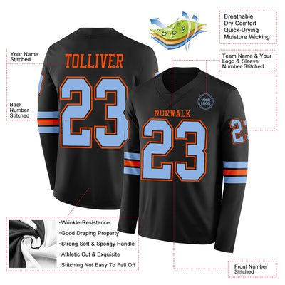 Custom Black Light Blue-Orange Long Sleeve Authentic Football Jersey