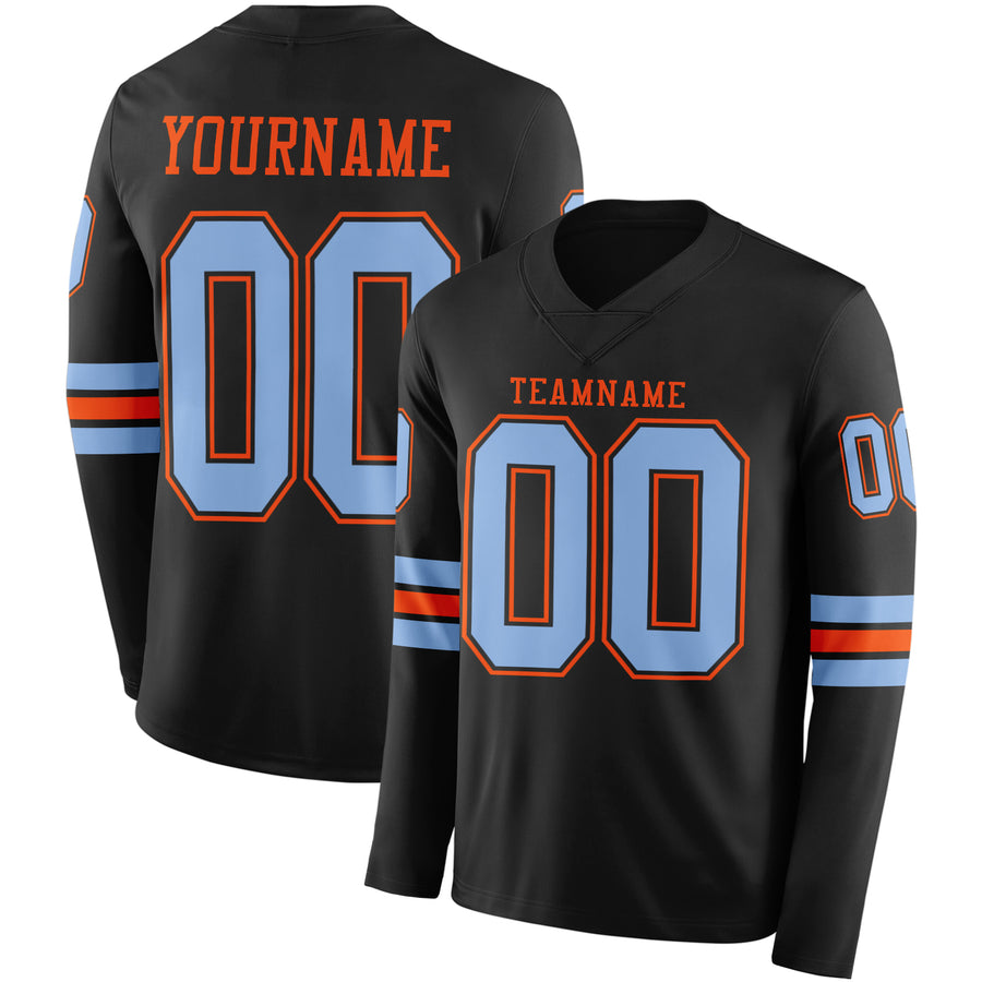 Custom Black Light Blue-Orange Long Sleeve Authentic Football Jersey