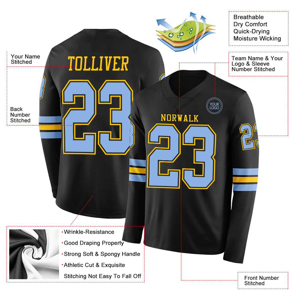 Custom Black Light Blue-Yellow Long Sleeve Authentic Football Jersey