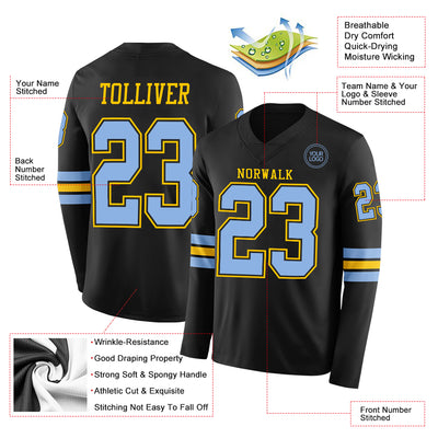 Custom Black Light Blue-Yellow Long Sleeve Authentic Football Jersey