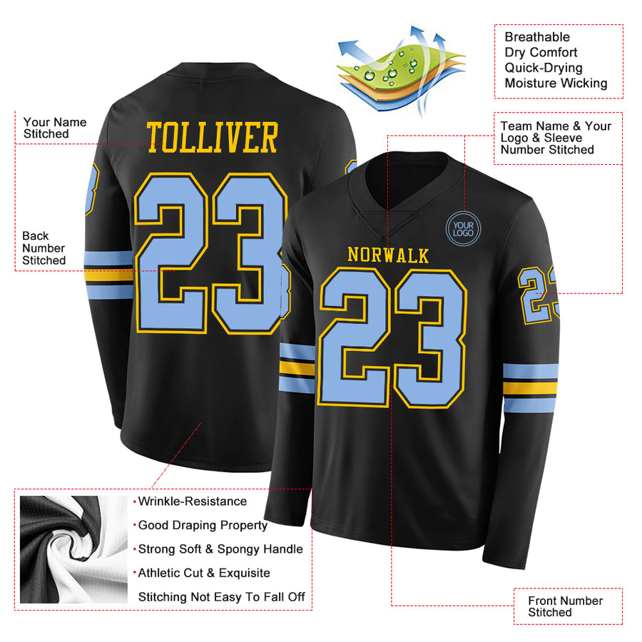 Custom Black Light Blue-Yellow Long Sleeve Authentic Football Jersey