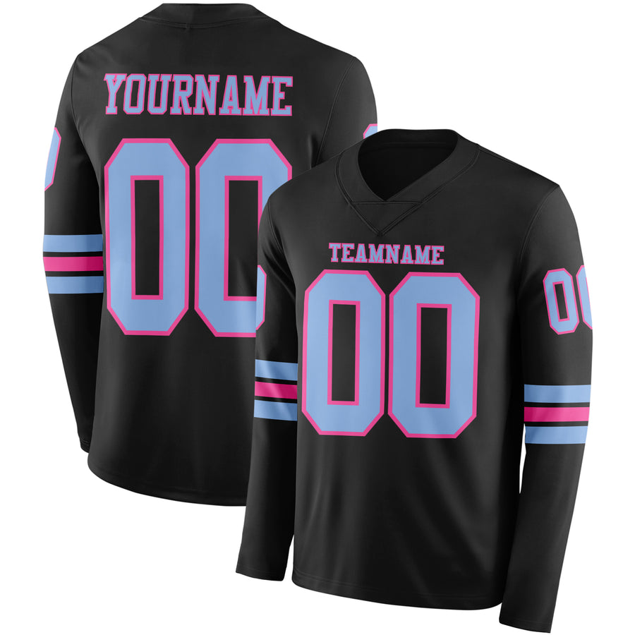 Custom Black Light Blue-Pink Long Sleeve Authentic Football Jersey