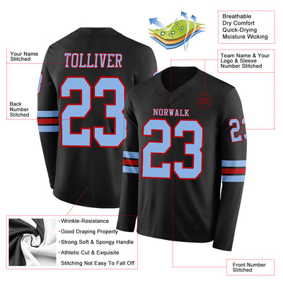 Custom Black Light Blue-Red Long Sleeve Authentic Football Jersey