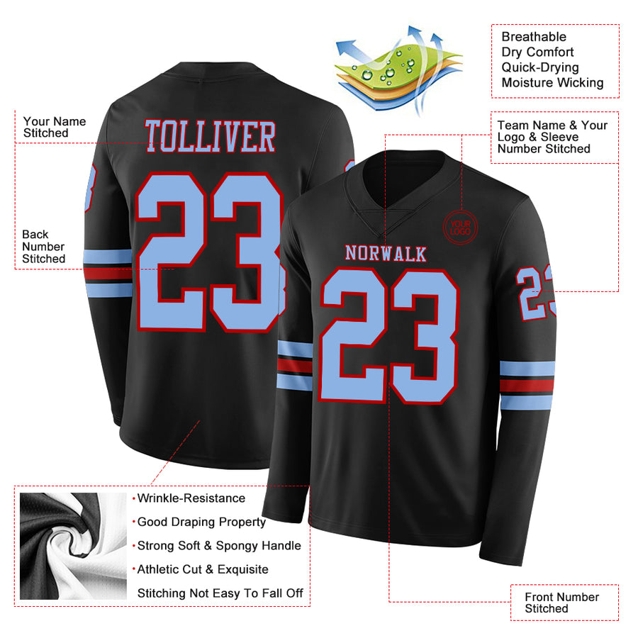 Custom Black Light Blue-Red Long Sleeve Authentic Football Jersey