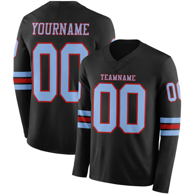 Custom Black Light Blue-Red Long Sleeve Authentic Football Jersey