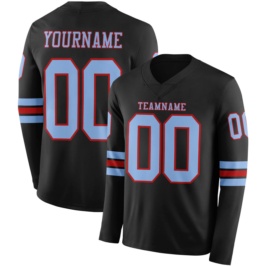 Custom Black Light Blue-Red Long Sleeve Authentic Football Jersey