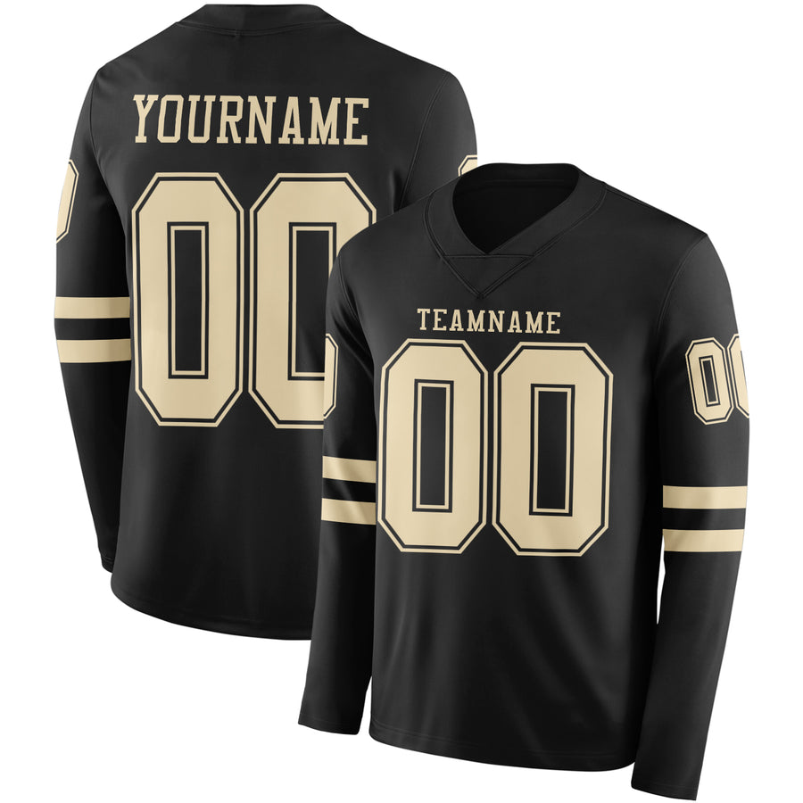 Custom Black Cream Long Sleeve Authentic Football Jersey