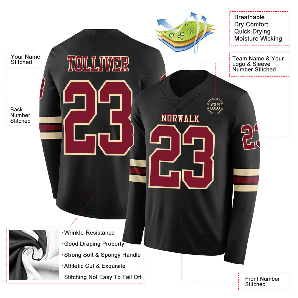 Custom Black Crimson-Cream Long Sleeve Authentic Football Jersey