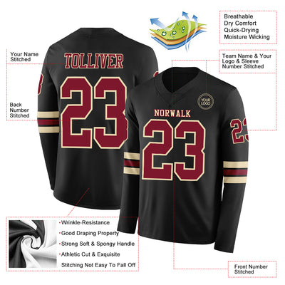 Custom Black Crimson-Cream Long Sleeve Authentic Football Jersey