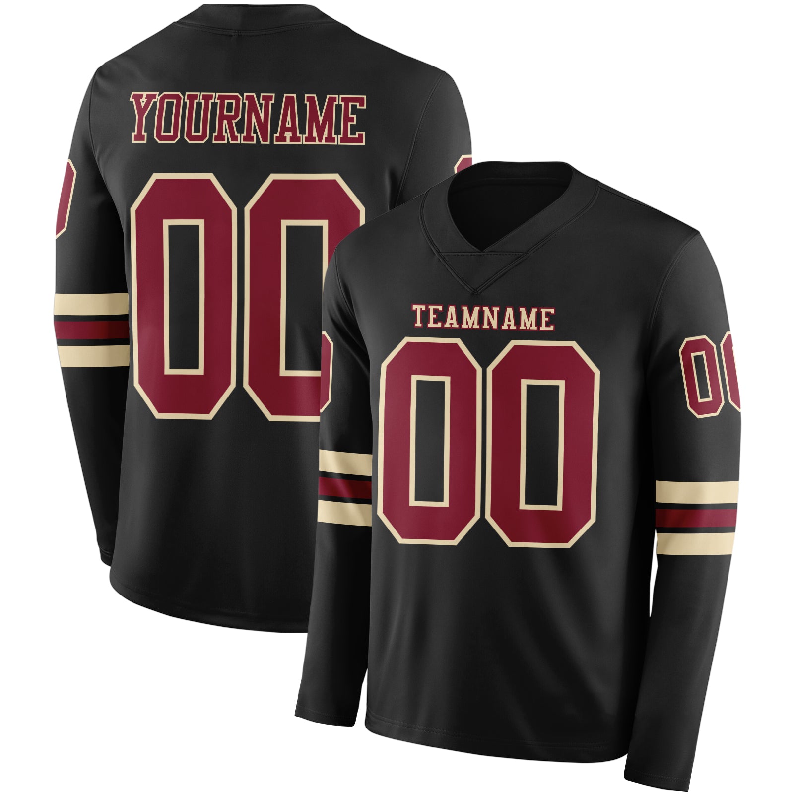 Custom Black Crimson-Cream Long Sleeve Authentic Football Jersey