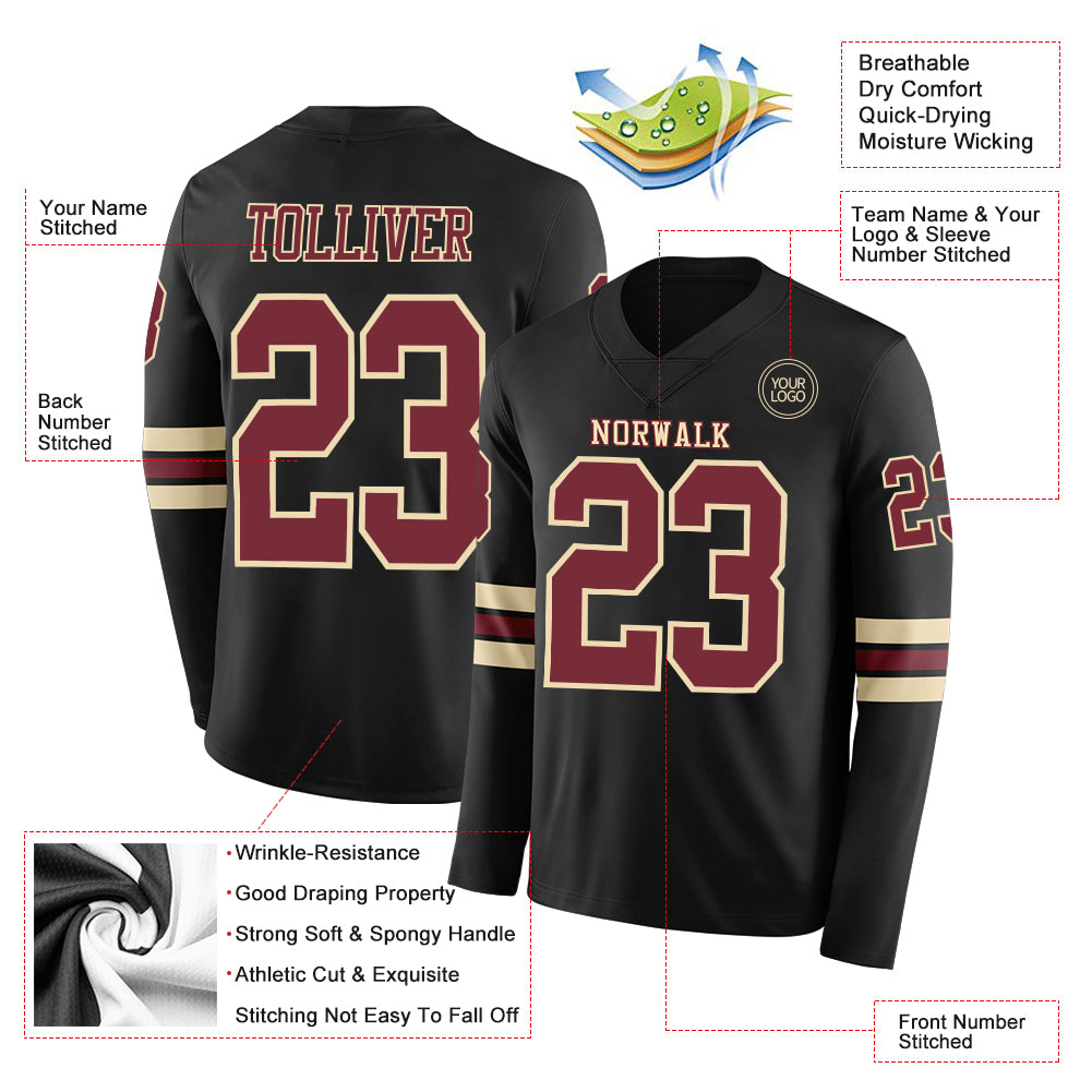 Custom Black Burgundy-Cream Long Sleeve Authentic Football Jersey