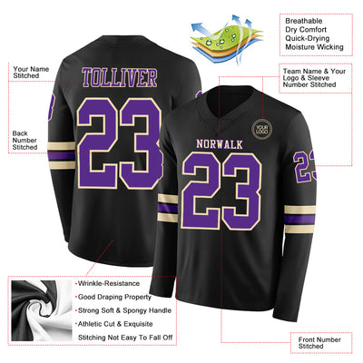 Custom Black Purple-Cream Long Sleeve Authentic Football Jersey