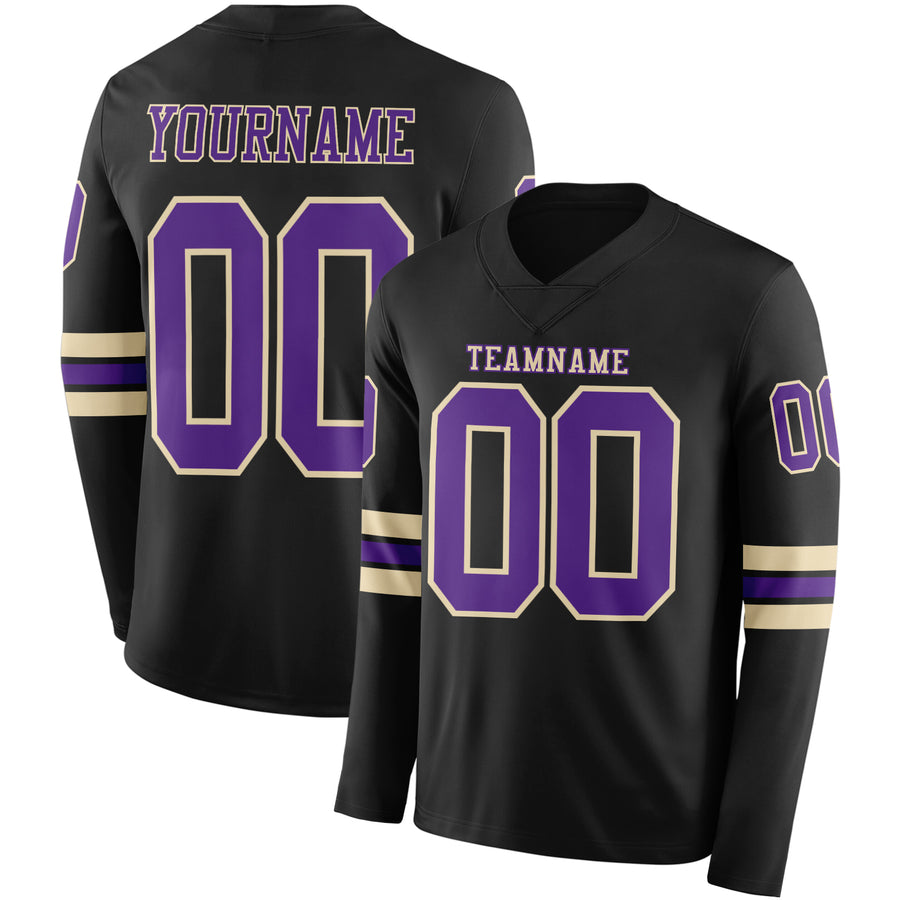 Custom Black Purple-Cream Long Sleeve Authentic Football Jersey