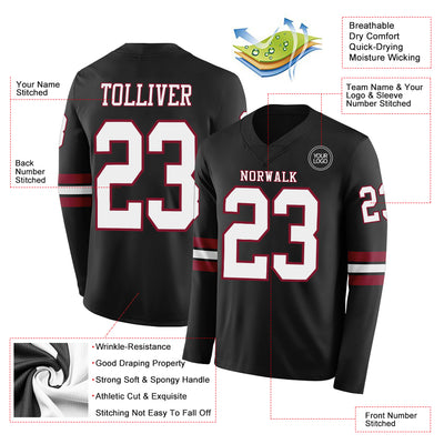 Custom Black White-Crimson Long Sleeve Authentic Football Jersey