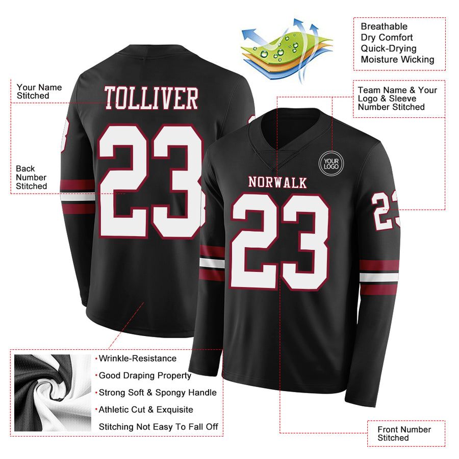 Custom Black White-Crimson Long Sleeve Authentic Football Jersey