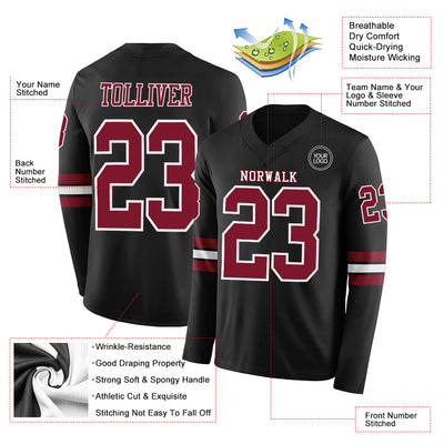 Custom Black Crimson-White Long Sleeve Authentic Football Jersey