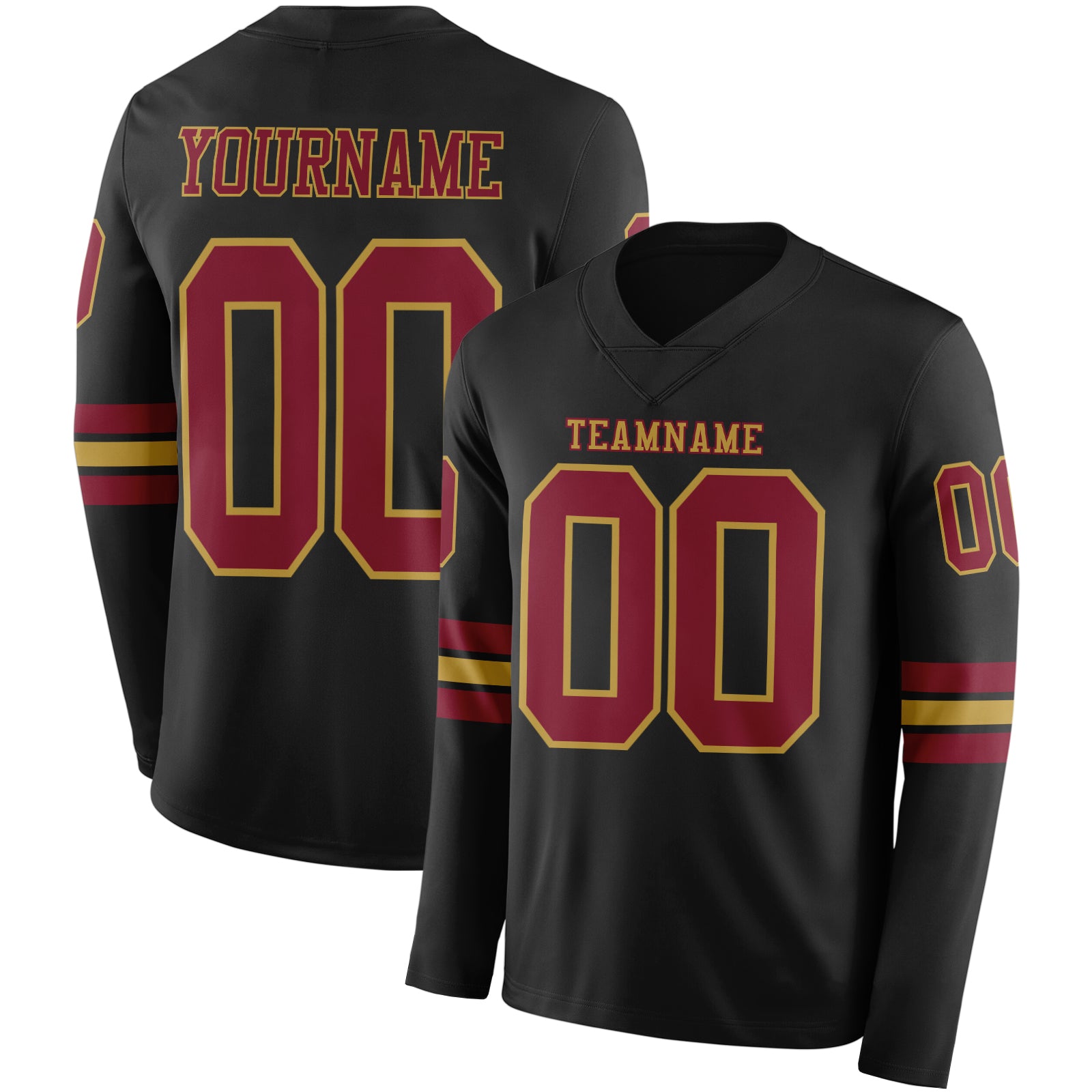Custom Black Crimson-Old Gold Long Sleeve Authentic Football Jersey