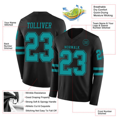 Custom Black Teal Long Sleeve Authentic Football Jersey