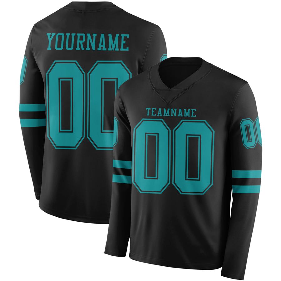 Custom Black Teal Long Sleeve Authentic Football Jersey