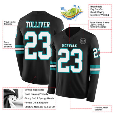 Custom Black White-Teal Long Sleeve Authentic Football Jersey