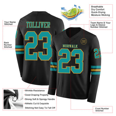 Custom Black Teal-Old Gold Long Sleeve Authentic Football Jersey