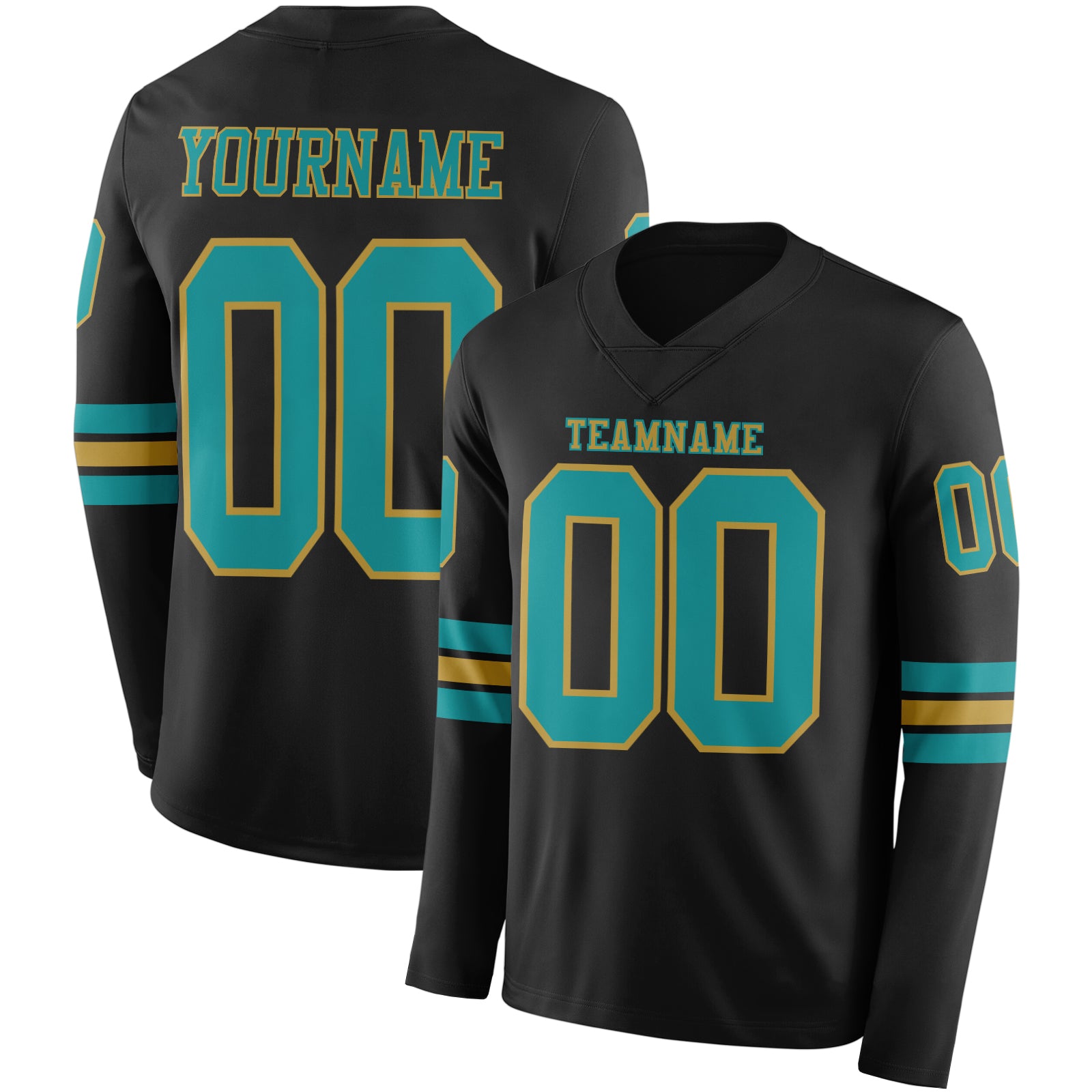 Custom Black Teal-Old Gold Long Sleeve Authentic Football Jersey
