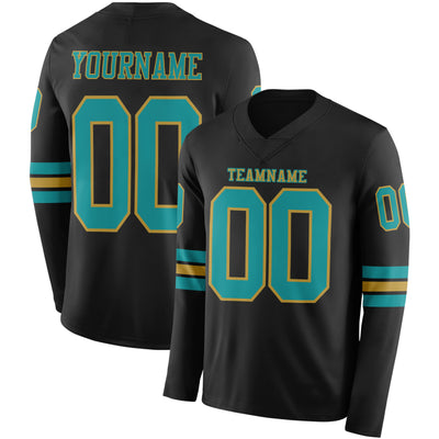 Custom Black Teal-Old Gold Long Sleeve Authentic Football Jersey