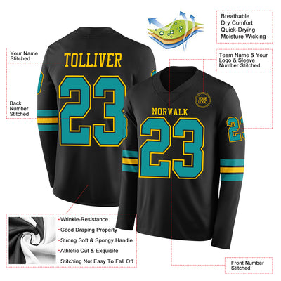 Custom Black Teal-Yellow Long Sleeve Authentic Football Jersey