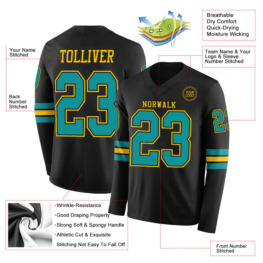 Custom Black Teal-Yellow Long Sleeve Authentic Football Jersey