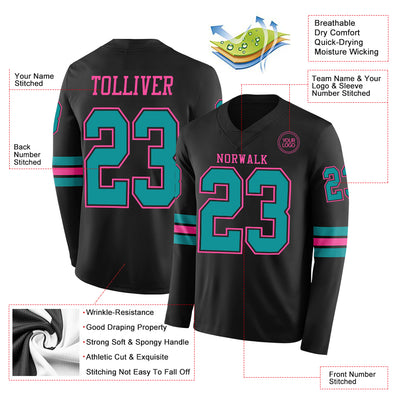 Custom Black Teal-Pink Long Sleeve Authentic Football Jersey