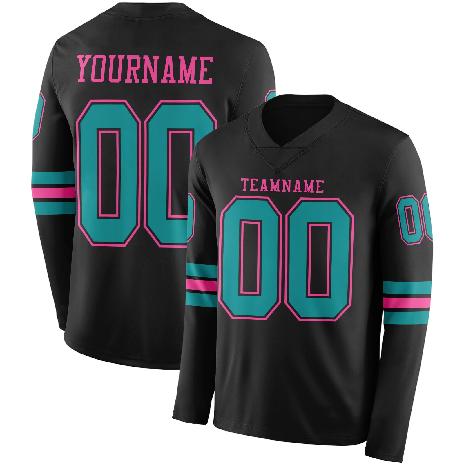 Custom Black Teal-Pink Long Sleeve Authentic Football Jersey