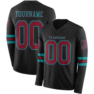 Custom Black Crimson-Teal Long Sleeve Authentic Football Jersey