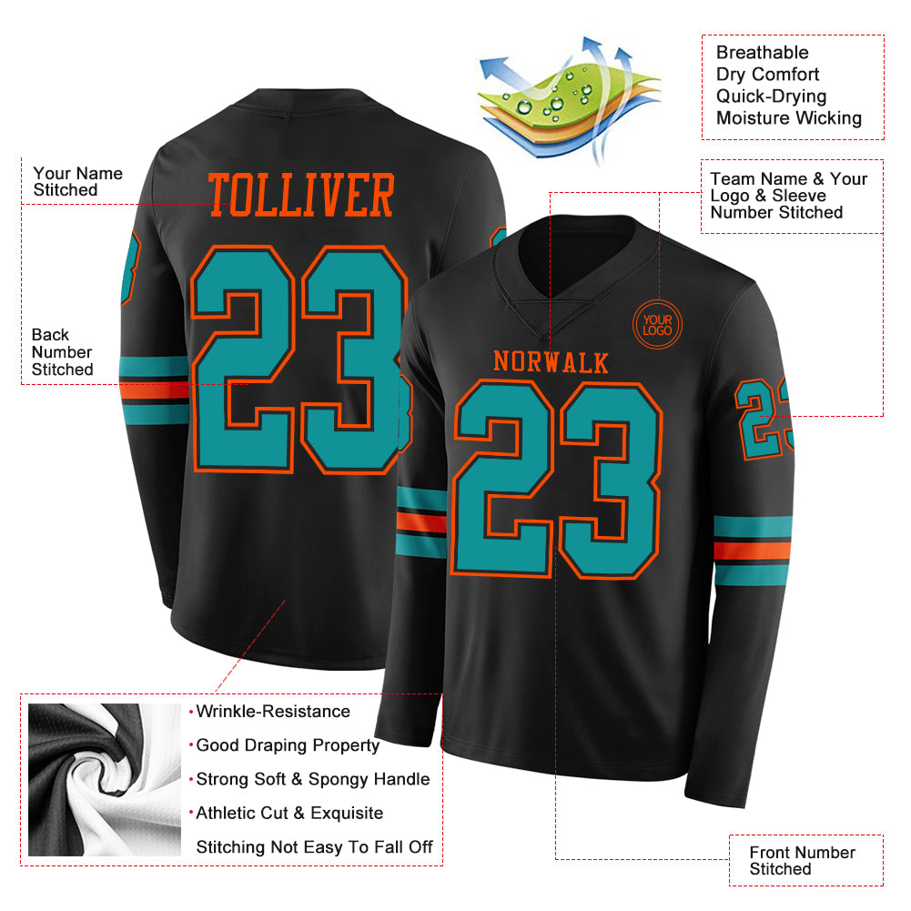 Custom Black Teal-Orange Long Sleeve Authentic Football Jersey