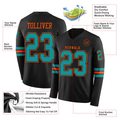 Custom Black Teal-Orange Long Sleeve Authentic Football Jersey