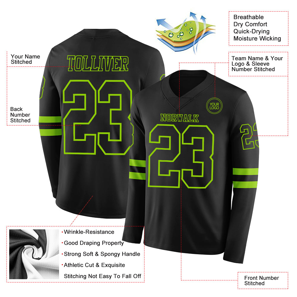 Custom Black Neon Green Long Sleeve Authentic Football Jersey