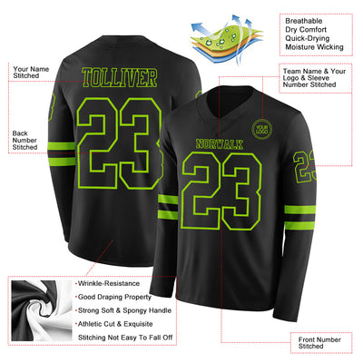 Custom Black Neon Green Long Sleeve Authentic Football Jersey
