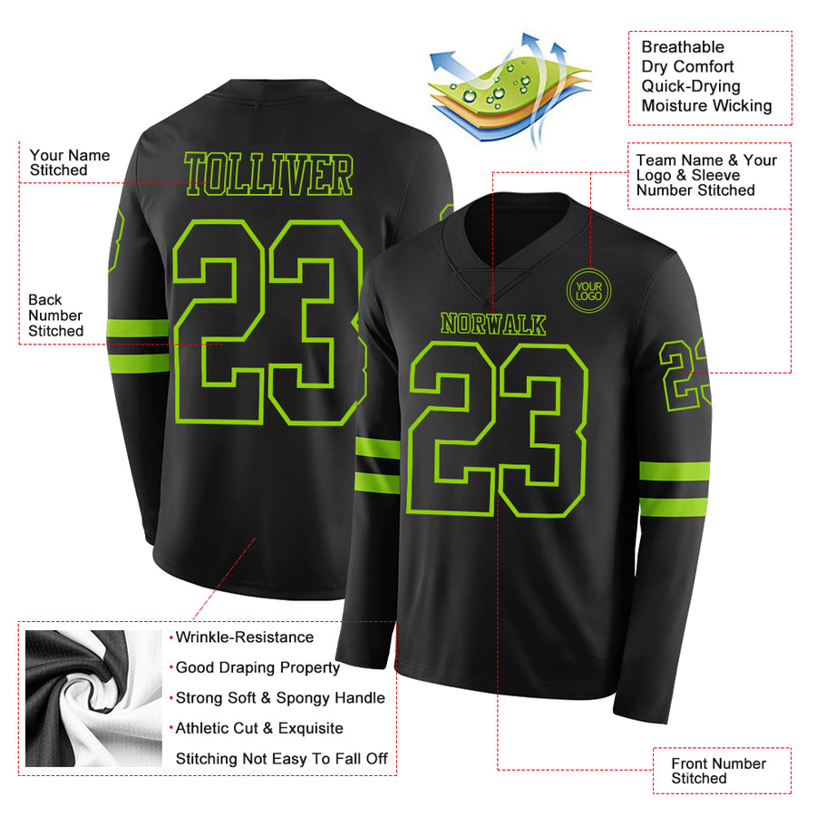 Custom Black Neon Green Long Sleeve Authentic Football Jersey