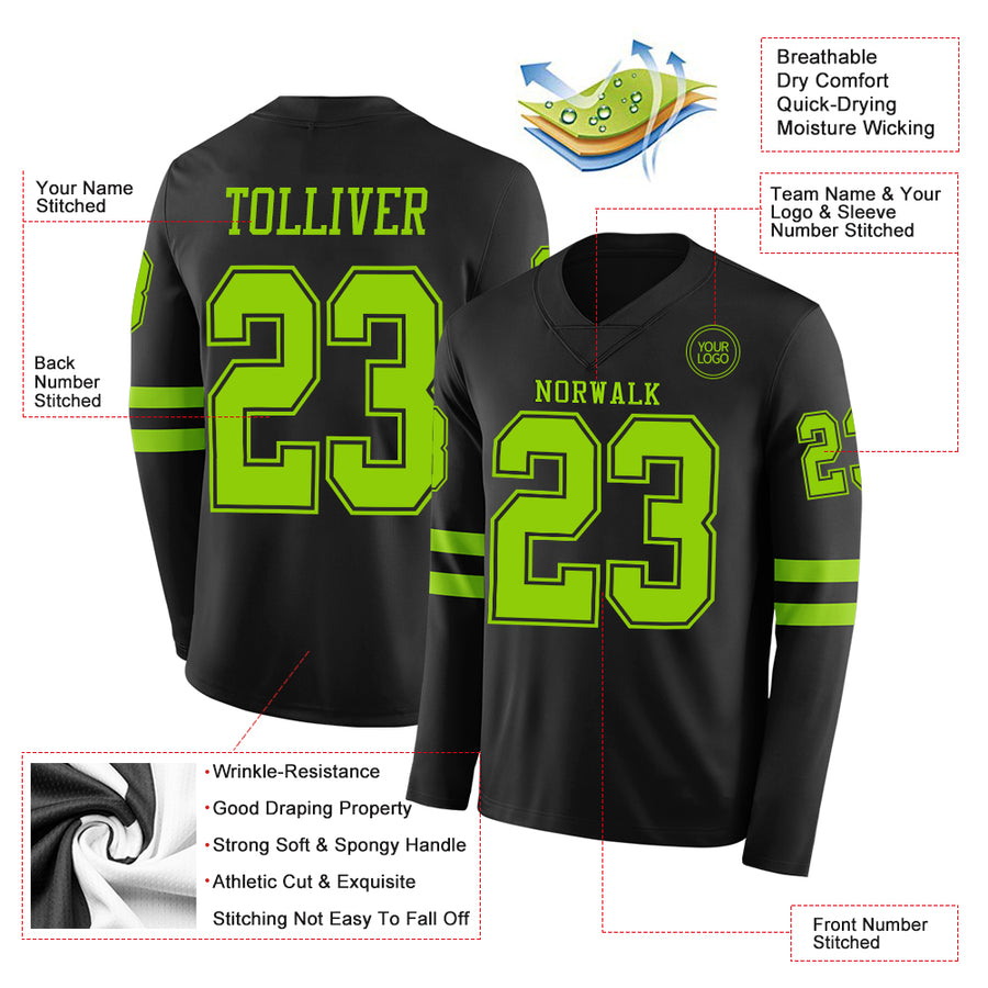 Custom Black Neon Green Long Sleeve Authentic Football Jersey