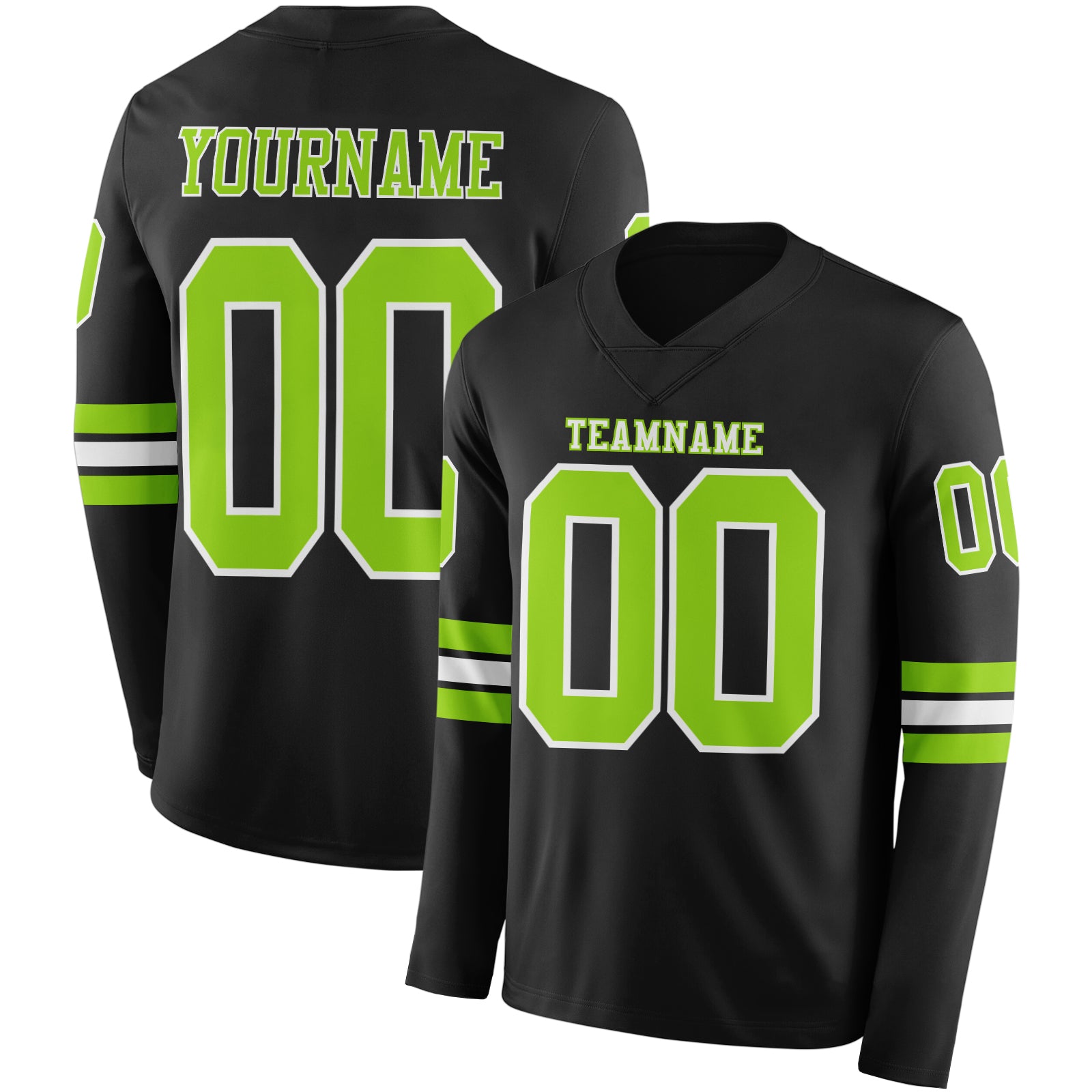Custom Black Neon Green-White Long Sleeve Authentic Football Jersey