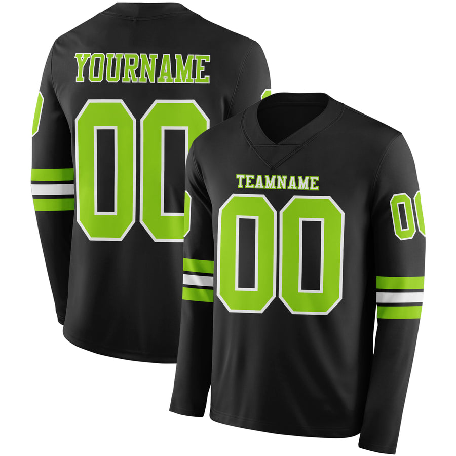 Custom Black Neon Green-White Long Sleeve Authentic Football Jersey